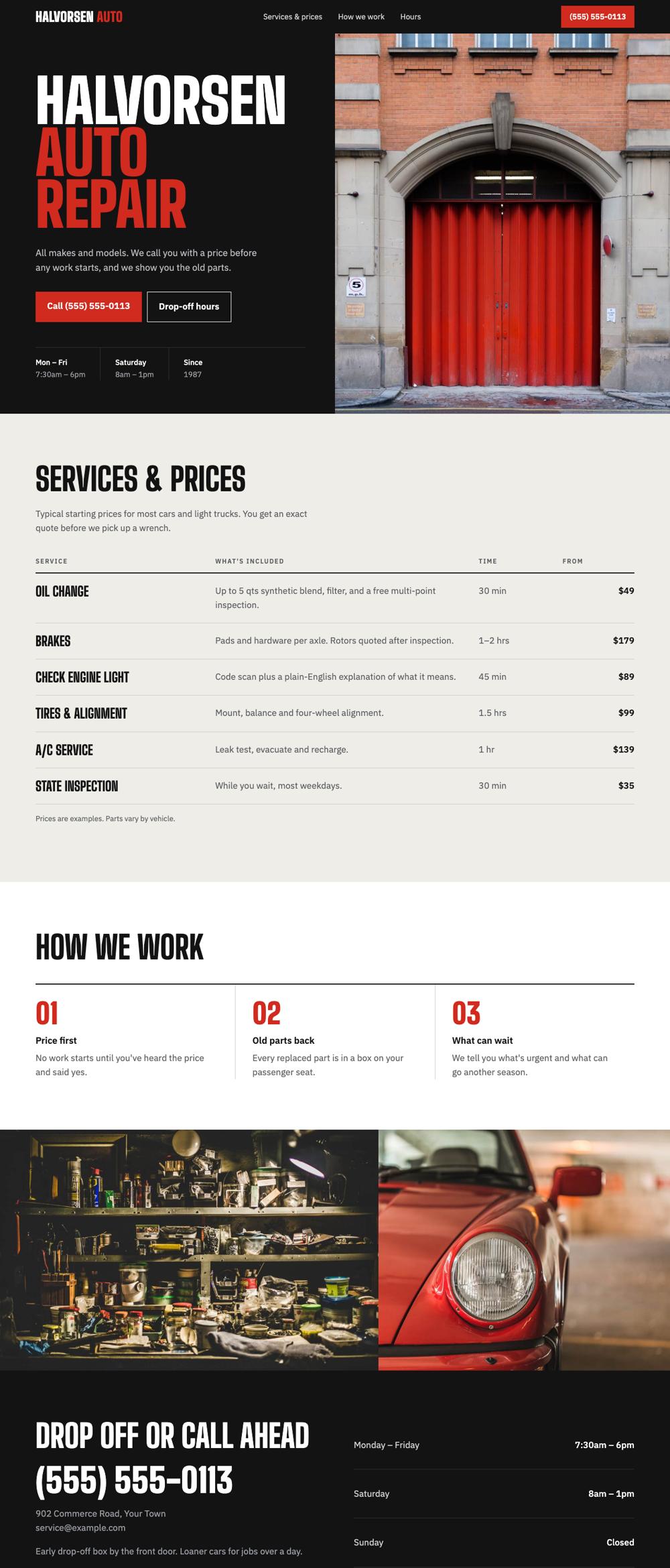 Example auto repair shop homepage